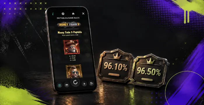 Money Train 3 paytable on mobile with RTP rates of 96.10% and 96.50%