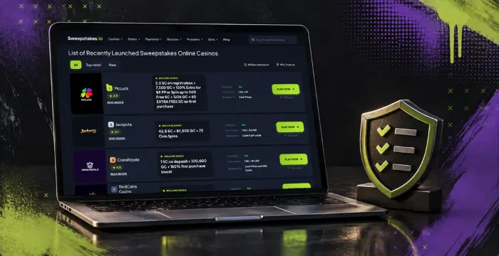 Recently launched sweepstakes casinos on laptop with verification checklist shield