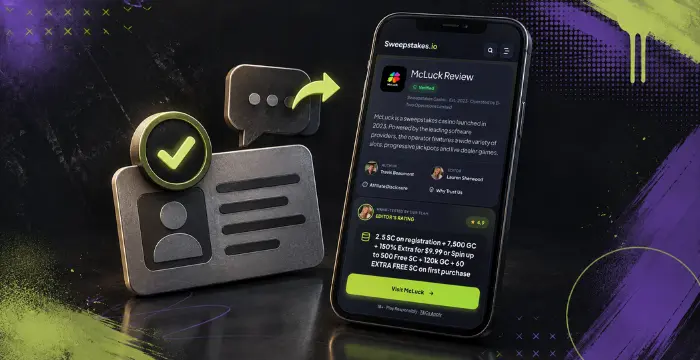 McLuck casino review on mobile with verified profile, message icon, and bonus offer