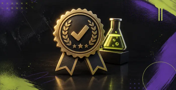 Verified quality badge with checkmark and lab flask symbol