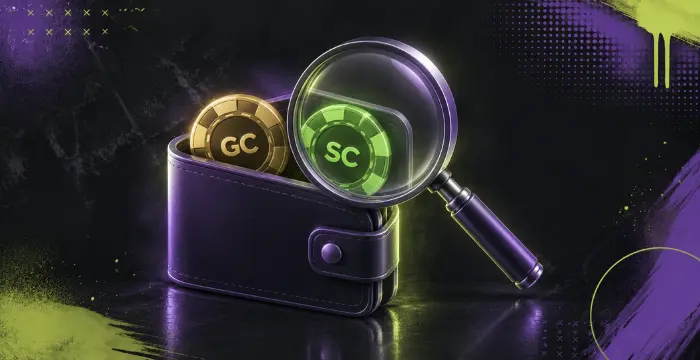 Gold Coins and Sweeps Coin in wallet with magnifying glass