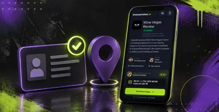 Wow Vegas casino review on mobile with verified profile, location pin, and ID card