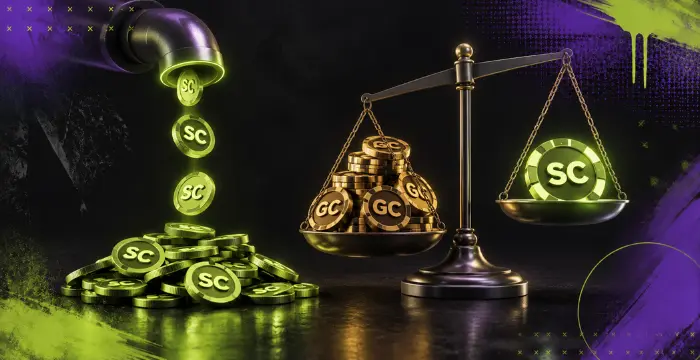 Sweeps Coins and Gold Coins balanced on scales beside a pile of virtual gaming coins