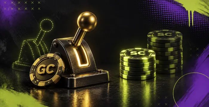 Gold Coin lever beside stacked Sweeps Coins in a neon gaming scene