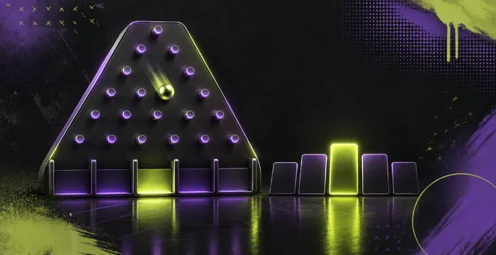 Plinko game board with glowing pegs, falling ball, and illuminated prize slots