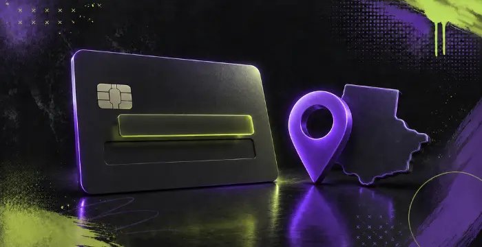 Glowing prepaid card beside location pin and state outline