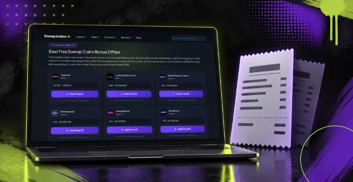 Laptop showing free Sweep Coins bonus offers with glowing receipts