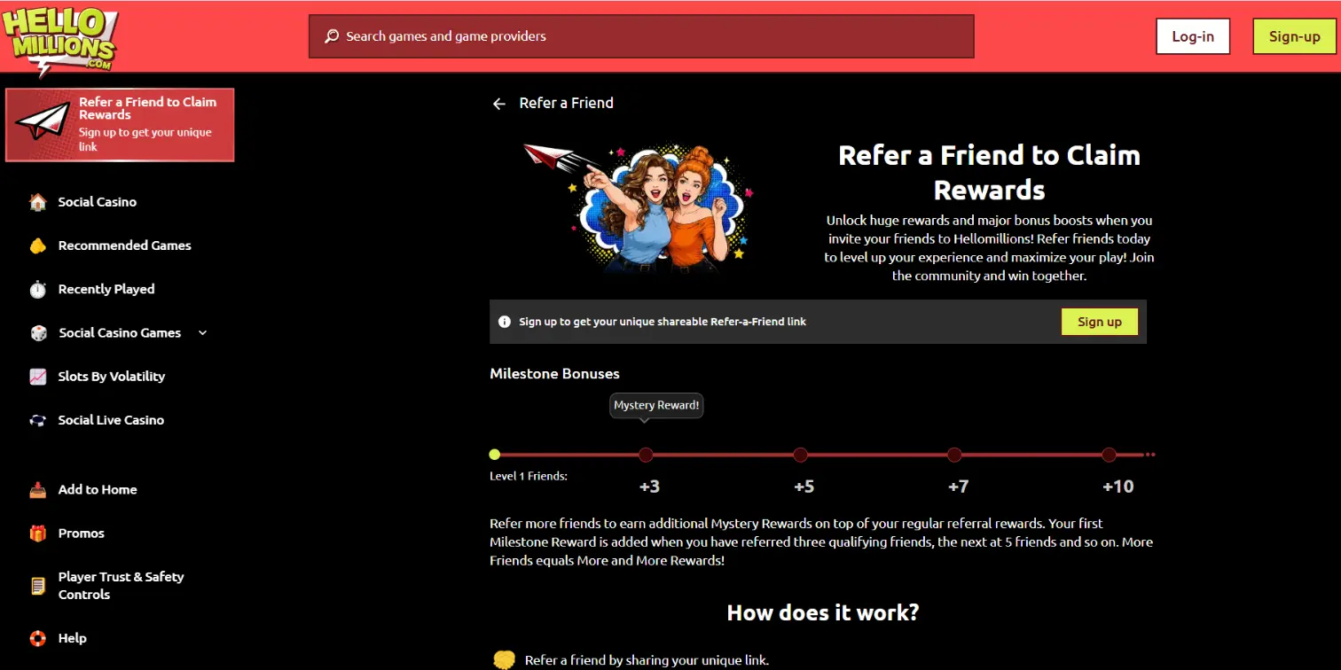 Hello Millions Refer a Friend promo page showing milestone bonus progression up to 10 friends.