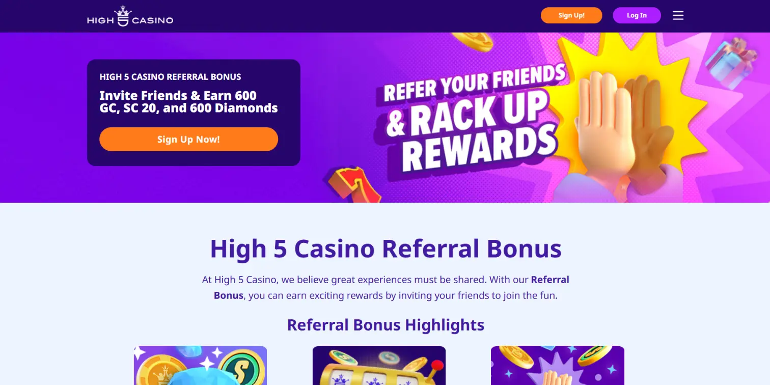 High 5 Casino referral banner offering 600 GC, 20 SC, and 600 Diamonds for inviting friends.