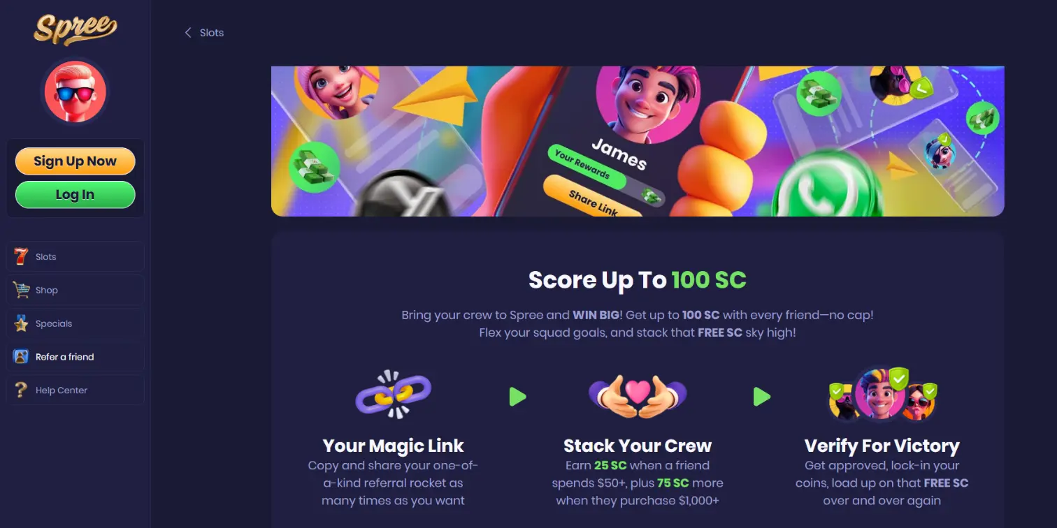 Spree Sweepstake Casino referral bonus page detailing the process to earn up SC per invited friend.