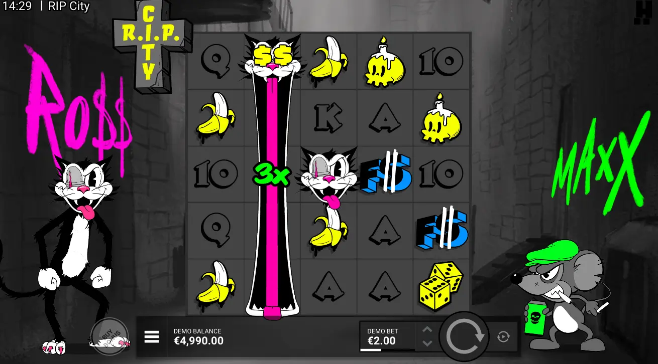 RIP City slot with 3x cat multiplier, bananas, skull candles, dice, and cartoon rivals