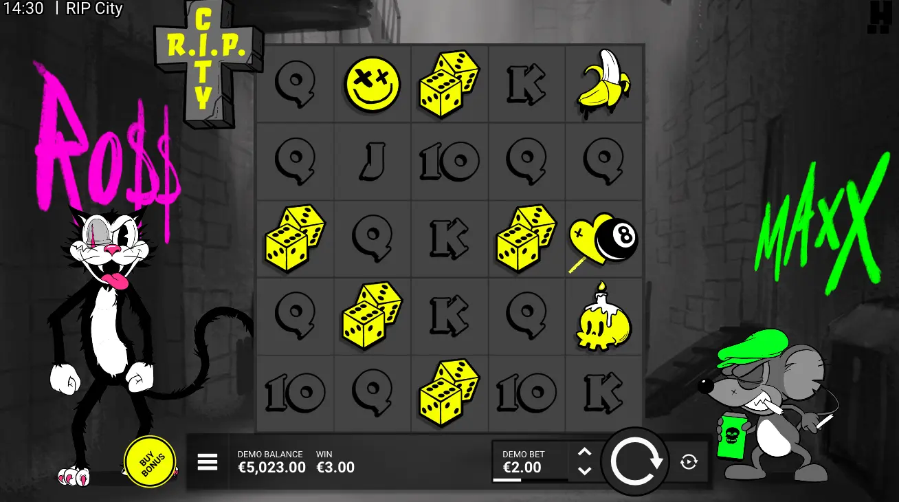 RIP City slot with dice, smiley, heart and skull symbols, cat and mouse, and €3 win
