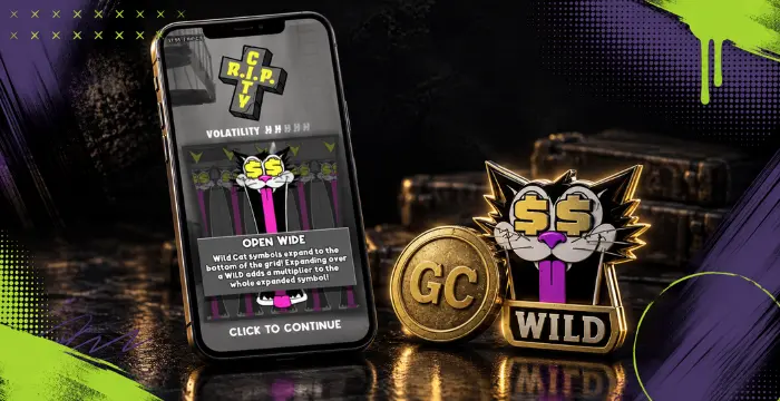 RIP City slot feature screen with Open Wide Wild symbol, Gold Coin, and volatility meter