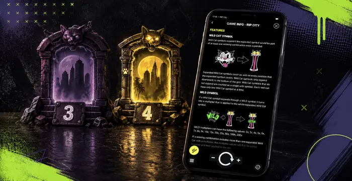 RIP City game info on mobile with Wild Cat feature, expanding wilds, and level 3 and 4 portals