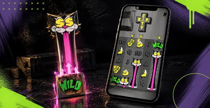 RIP City slot with expanding Wild Cat symbol and mobile reels showing stacked wilds