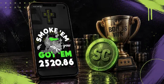 RIP City slot win screen with 2520.86 prize, Sweeps Coin, bonus trophy, and stacked coins