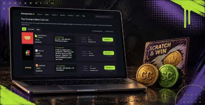 Laptop showing top sweepstakes casinos with scratch & win card, GC, and SC coins.
