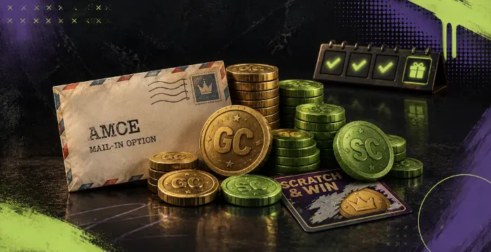 AMOE mail-in option with GC and SC coins, scratch card, and reward checklist.