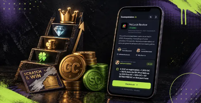 Scratch & win page on mobile with GC/SC coins, reward steps, and casino review.
