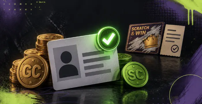 Verified ID card with GC and SC coins, scratch & win card, and approval checkmark.