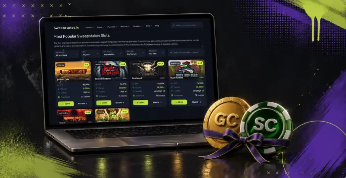 Popular sweepstakes slots on laptop with Gold Coins and Sweeps Coins rewards
