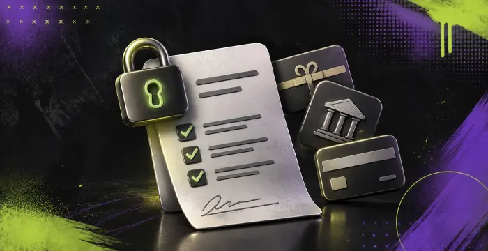 Secure verification checklist with lock, gift card, bank, and payment icons