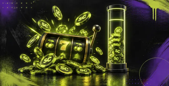 Slot machine surrounded by Sweeps Coins with a glowing coin tube