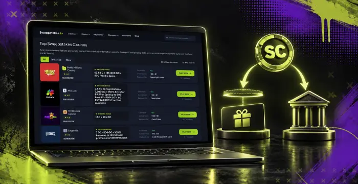 Laptop showing top sweepstakes casinos with Sweeps Coins, gift rewards, and banking icons