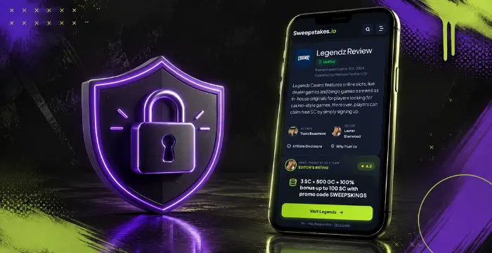Phone displaying Legendz Review beside purple shield with lock