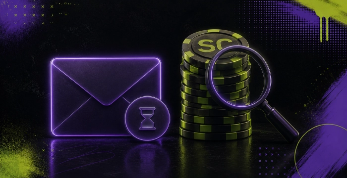 Glowing envelope with hourglass next to SC chips and magnifying glass