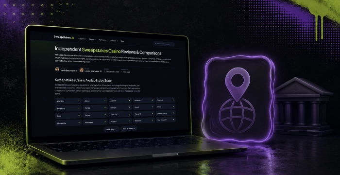 Laptop displaying casino reviews with location globe and bank icon
