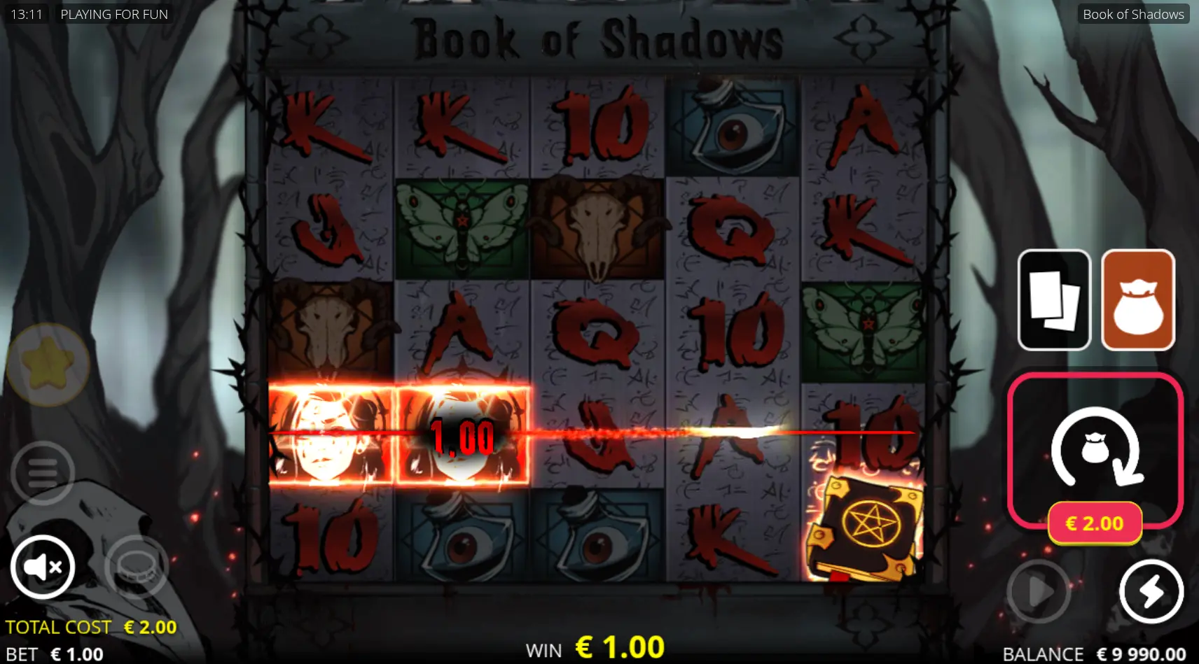 Book of Shadows slot reels showing a winning combination