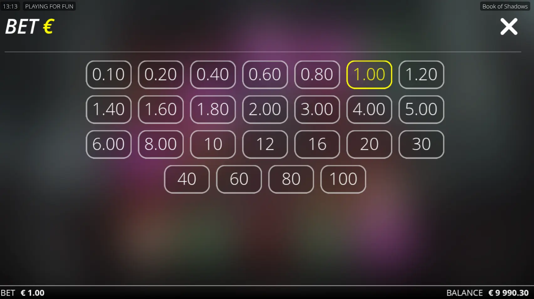 Book of Shadows bet selection screen with 1.00 euro highlighted