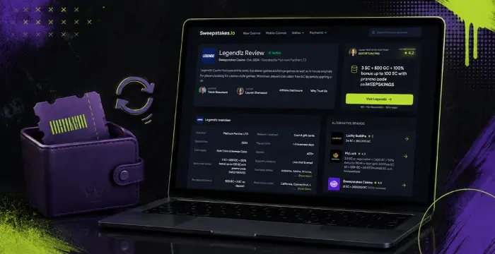 Laptop showing Legendz Review with purple wallet and barcode card