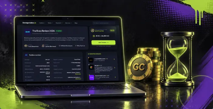Laptop showing The Boss Review with GC coins and glowing hourglass