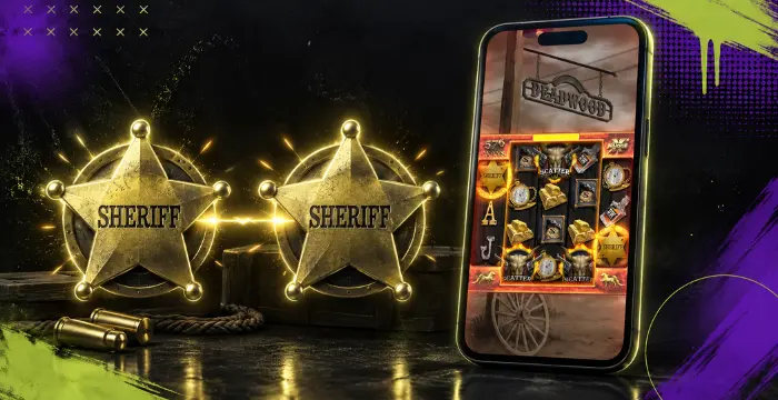 Two sheriff badges next to phone displaying Deadwood slot game