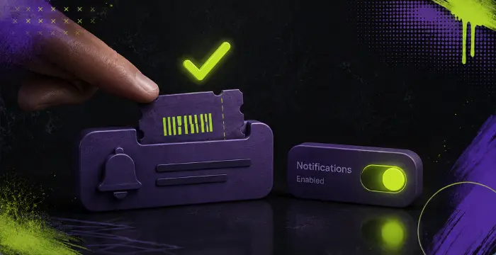 Hand inserting barcode ticket into purple device with notifications enabled