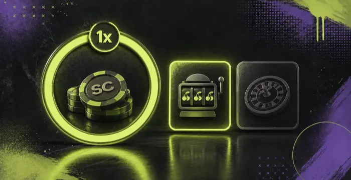 1x SC coins circle next to slot machine and roulette icons