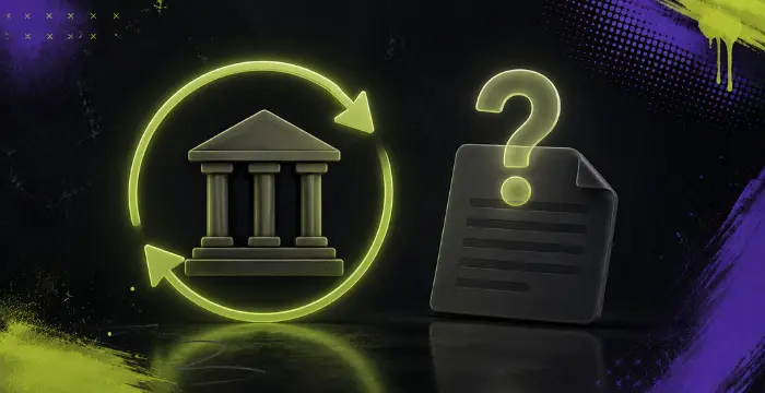 Bank icon with circular arrows next to document with question mark