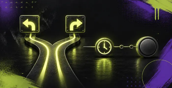 Glowing forked road with arrows leading to clock and button