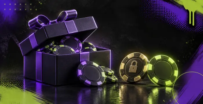 Open gift box of poker chips next to locked and green chips