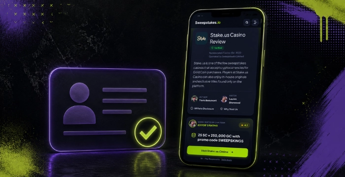 Phone showing Stake.us Casino Review with verified ID card