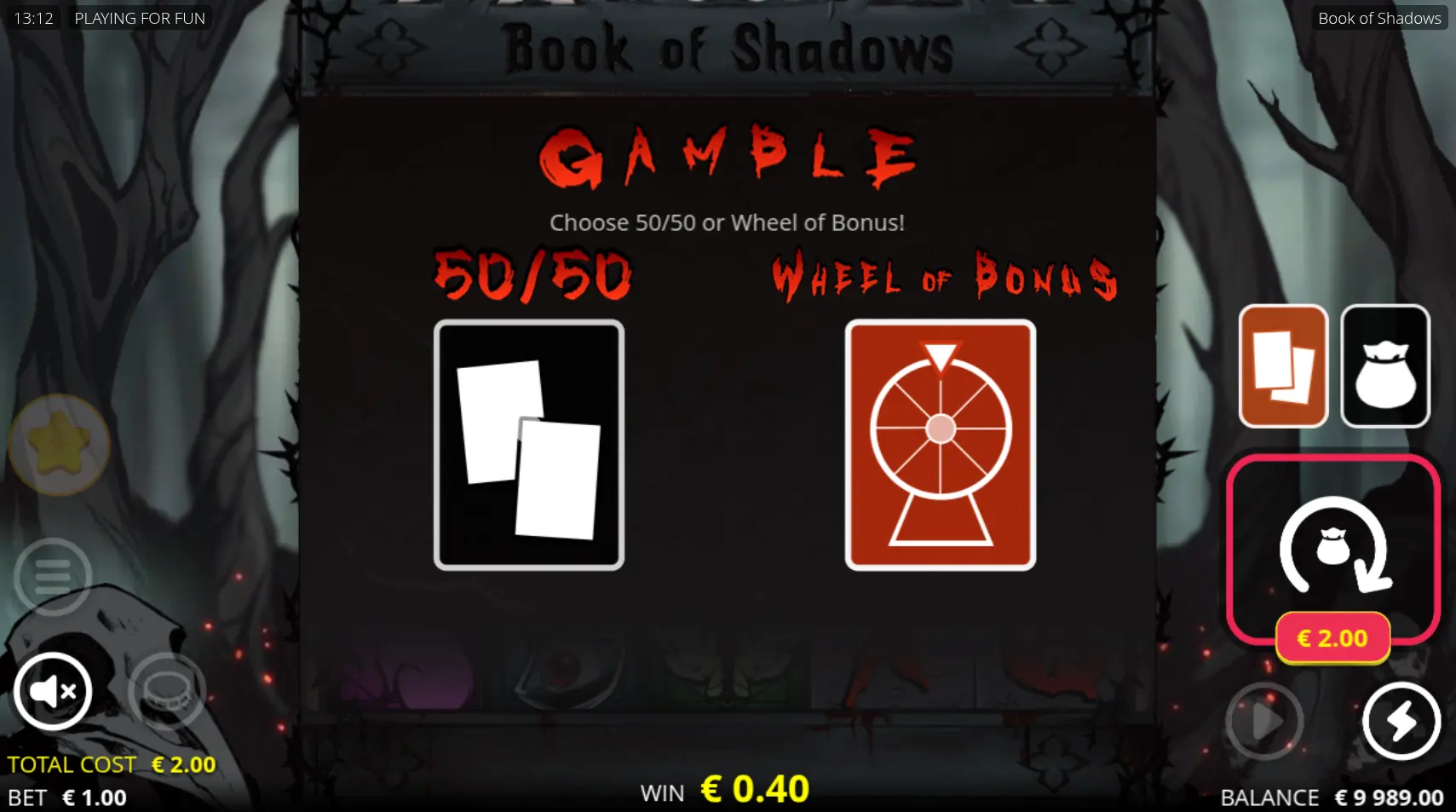 Book of Shadows gamble screen offering 50/50 or Wheel of Bonus