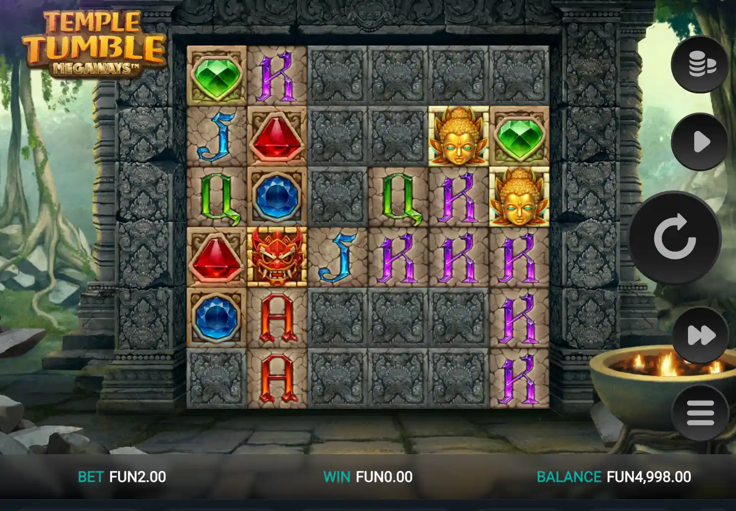 Temple Tumble Megaways slot with gems, temple symbols, Buddha icons, and FUN2.00 bet