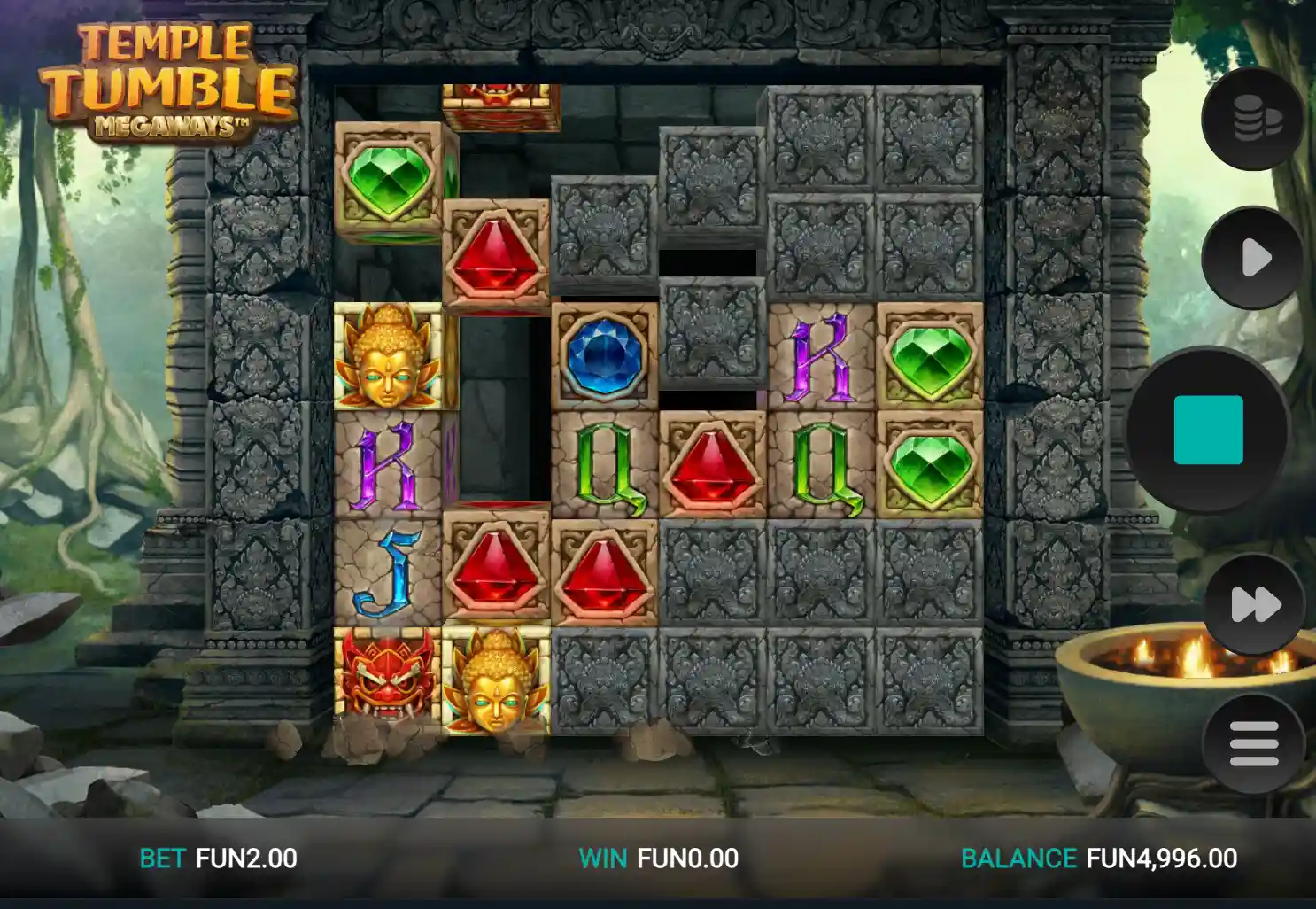 Temple Tumble Megaways slot with tumbling gems, Buddha symbols, stone blocks, and FUN2 bet