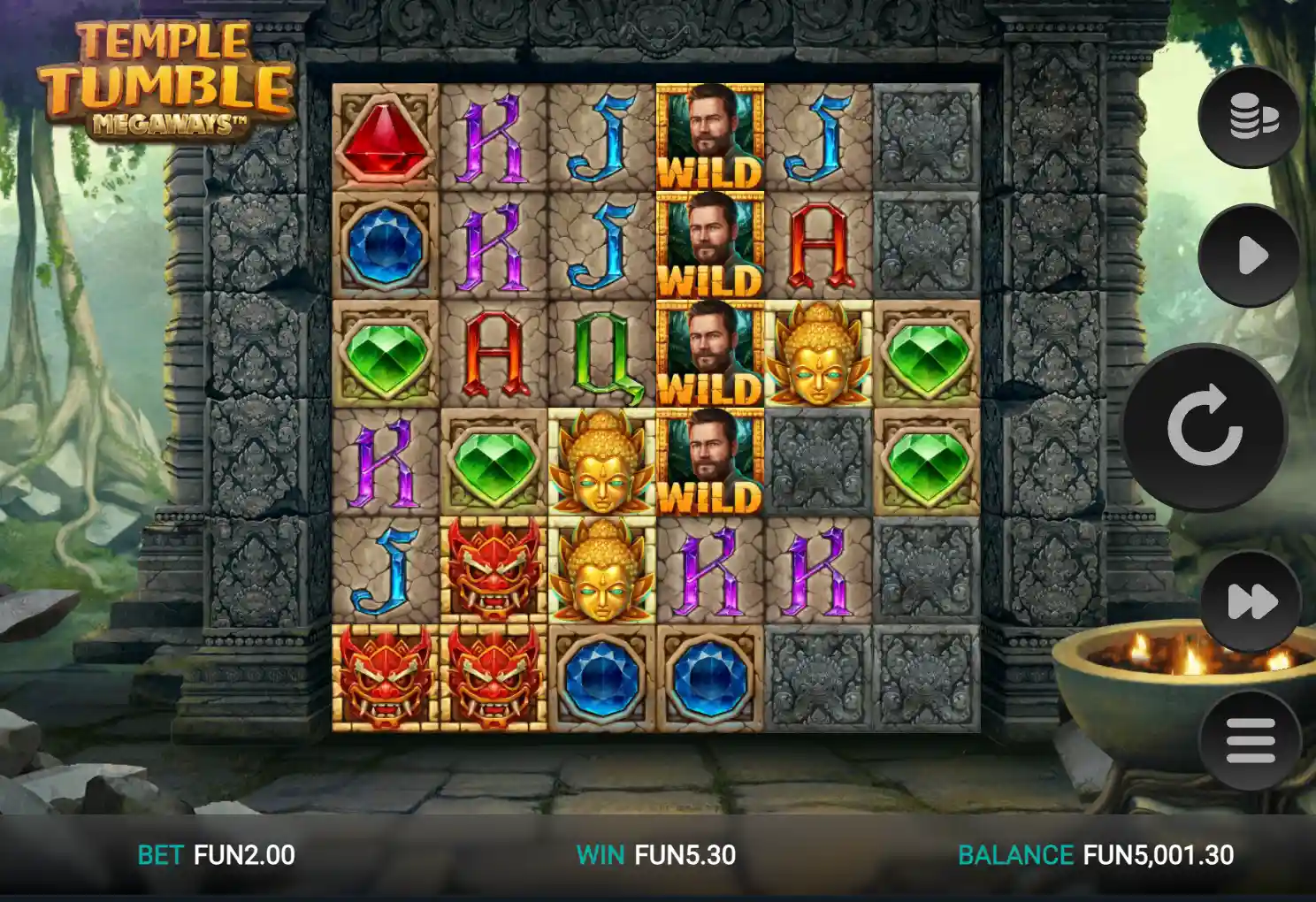 Temple Tumble Megaways slot with stacked Wilds, gems, Buddha icons, and FUN5.30 win
