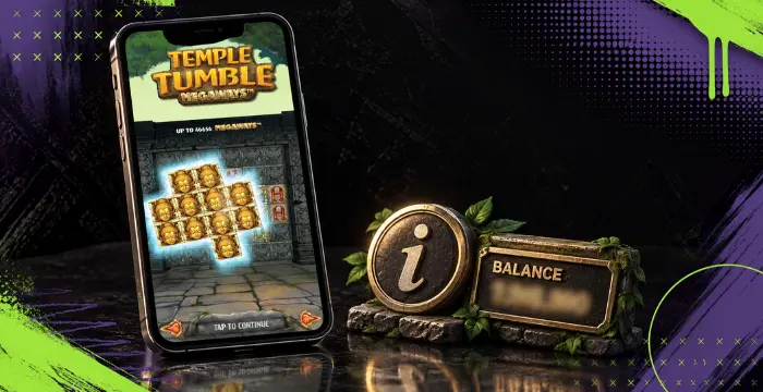 Temple Tumble Megaways mobile screen with info icon, balance panel, and temple symbols.