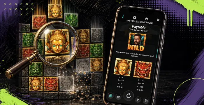 Temple Tumble Megaways rules screen with Wild symbol, Buddha icons, and paytable details.