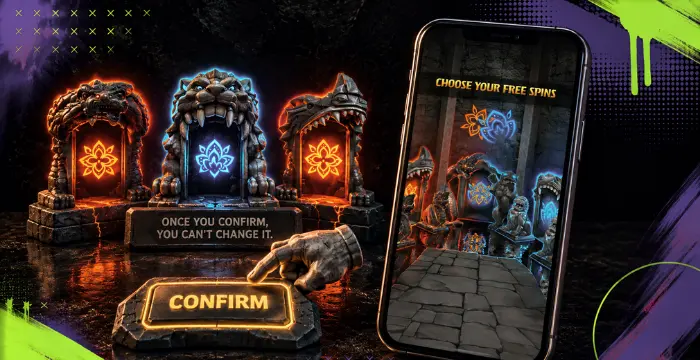 Temple Tumble Megaways free spins selection screen with glowing temple gates and confirm button.