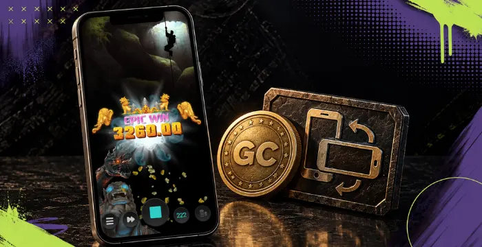 Temple Tumble Megaways mobile win screen showing Epic Win 3260.00, GC coins, and replay icon.